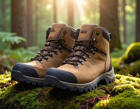 Pair Of Brown Hiking Boots Resting On A Mossy Log In A Forest Sunlight Streaming Through Trees