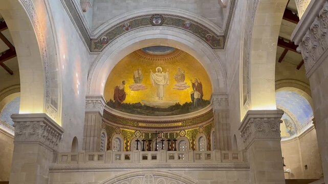 Nazareth, Israel, Decorative balcony in the central hall of the Catholic Christian Transfiguration Church located on Mount Tabor 