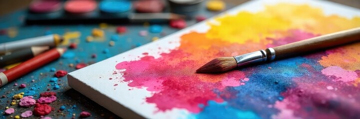 Fototapeta premium A paintbrush rests on a vibrant canvas, surrounded by scattered art supplies, symbolizing the creative process and artistic expression , gouache, masterpiece, sketch