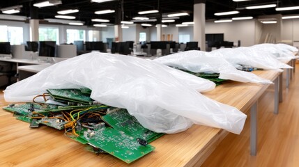 Discarded circuit boards lined up in clear bags on a wooden table inside a modern technology office in the afternoon