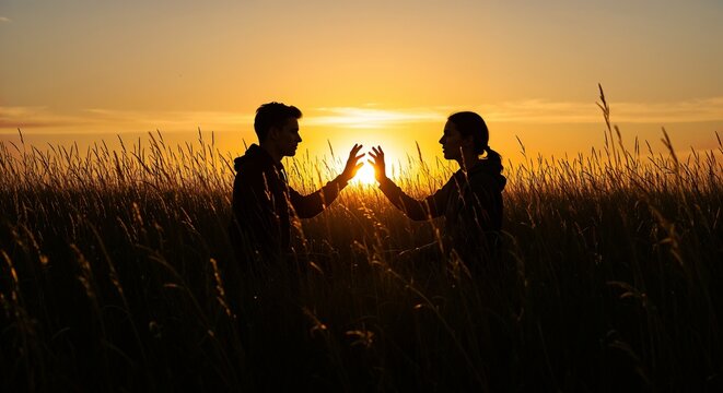 Couple holding hands at sunset in a field of tall grass  