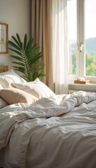 A relaxed scene of domestic tranquility, featuring a comfortable bed and soft bedding Perfect for illustrating themes of rest, relaxation, and home life , mattress, fluffy