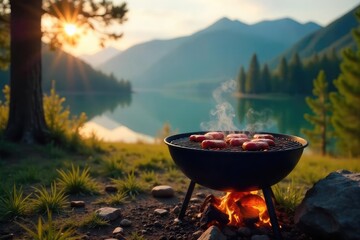 A rustic camping barbecue grill sits amidst a scenic landscape, flames licking the cooking grates, ready for grilling Perfect for outdoor cooking, camping, and relaxation imagery , sky, nature, trees
