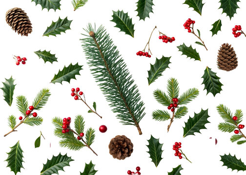 Christmas natural elements flat lay on white surface