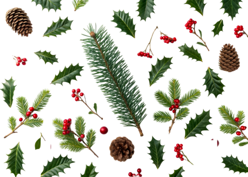 Christmas natural elements flat lay on white surface