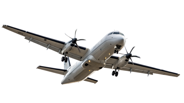 Propeller aircraft with landing gear extended approaching