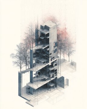 Exploded Axonometric Drawing of Modern Architecture with Trees and Structural Layers. AI generative