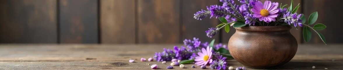 A serene arrangement of lavender, chamomile, and rose buds in a rustic vase, exuding tranquility and promoting relaxation Perfect for spa, wellness, or aromatherapy themes , lavender, anxiety relief