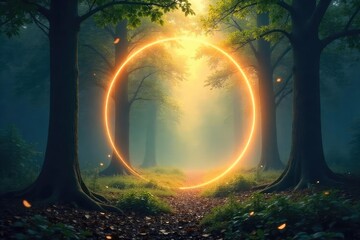 A serene, ethereal circle of light softly illuminates a mystical forest scene, evoking feelings of peace and protection  Perfect for spiritual, fantasy, or nature-themed projects ,  forest,  serene