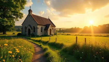 A serene English countryside church, bathed in golden sunlight, stands as a testament to centuries of Christian faith and heritage The idyllic scene evokes peace and tranquility , cross, idyllic