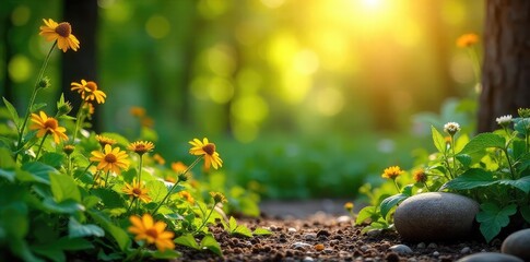 Serene Garden Scene Sunlight Illuminates Tranquil Herbs and Flowers, Perfect for Holistic Wellness and Natural Healing Concepts