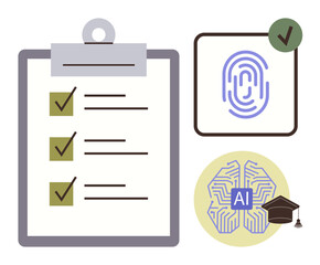 Completed checklist, fingerprint with verification mark, AI-themed brain, graduation cap. Ideal for technology, education, security, verification systems, AI innovation certification digital