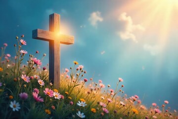 A serene image depicting a softly lit cross, surrounded by delicate wildflowers, conveying peace and gentle faith , church, sunlight