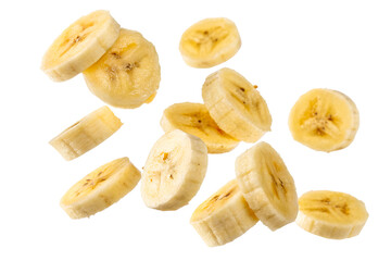 Slices of Banana in Mid-Air Against White Background