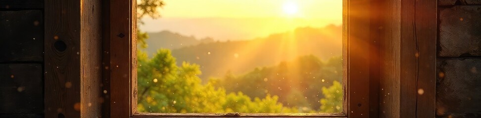 Serene Mountain Landscape Seen Through Rustic Window, Sunlight Streaming, Dust Motes Dancing, Golden Light, Perfect for Home Decor, Travel, and Nature Projects