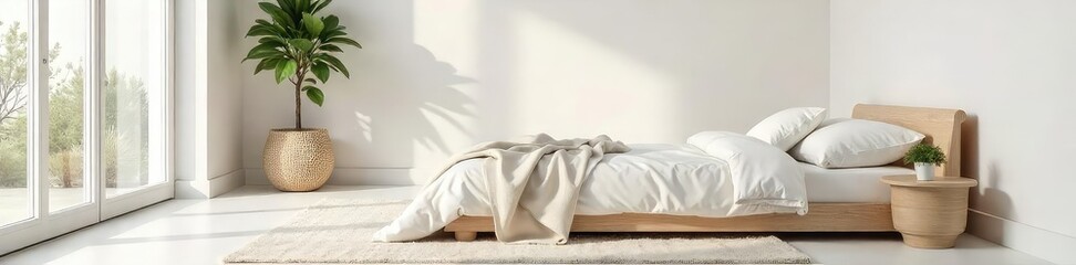A serene minimalist bedroom featuring a simple bed, a single plant, and a neutral color palette Clean lines and uncluttered surfaces create a peaceful atmosphere , design, minimalist living
