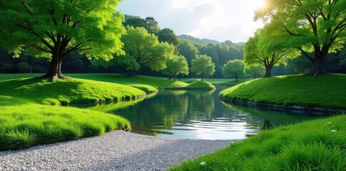 A serene, minimalist Japanese garden scene with lush green moss, carefully raked gravel, and a tranquil pond reflecting the sky Perfect for relaxation, meditation, or zen-themed projects , calm, sky