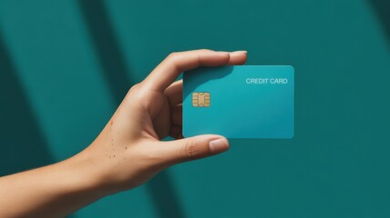 Hand Holding a Credit Card: A close-up shot focuses on a hand holding a vibrant credit card, against a teal backdrop, symbolizing financial transactions and modern payment methods.