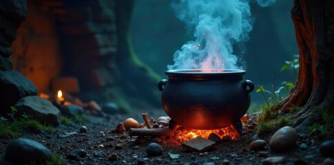 A shadowy cauldron bubbles ominously over a crackling fire, surrounded by strange herbs and unsettling artifacts of dark magic An ancient, wicked spell is brewing in the night , bubbling, mystical