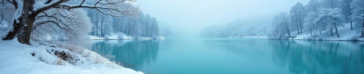 A serene winter landscape bathed in the cool, calming hues of teal Frozen lake, snow-covered trees, icy branches, winter wonderland, tranquil scene , february, outdoors