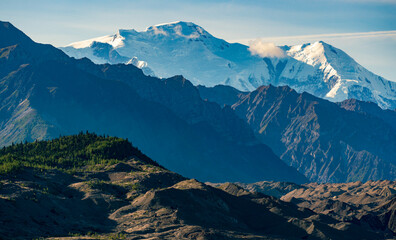 Mt Blackburn over Kennicott Glacier from McCarthy in Wrangell St Elias National Park, Alaska.