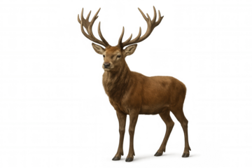 Red deer standing, wild stag with antlers isolated, male cervus elaphus cut out, nature wildlife fauna mammal