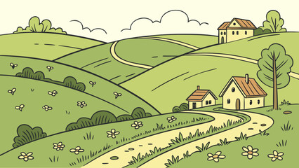 Gentle hills with lush grasslands and meadows, depicting a tranquil village landscape in vector sketch style white background