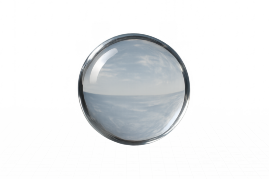 Glass sphere reflecting sky and clear horizon on transparent background