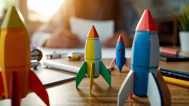 Colorful toy rockets on wooden desk in creative workspace with blurred person working in background, concept of innovation and imagination