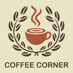 Rustic coffee corner emblem with steaming cup and laurel wreath