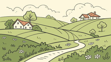 Gentle hills with lush grasslands and meadows, depicting a tranquil village landscape in vector sketch style green background