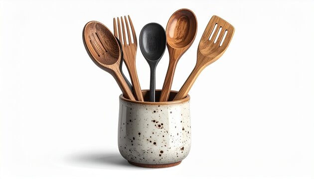 A realistic ceramic utensil holder filled with spoons, spatulas, and ladles isolated on white background
