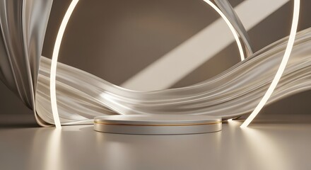 Obraz premium Elegant podium with flowing fabric and glowing ring light, perfect for product display and luxury presentation