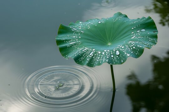 Vibrant lotus pad with dew drops and rippling water reflection serenity