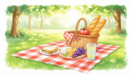 Vibrant Watercolor Illustration of a Classic Picnic Basket in a Sunny Park