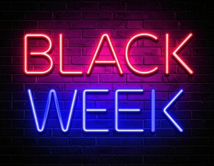 Black Week neon sign illuminating brick wall background