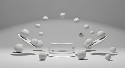 Abstract 3d render of floating spheres and geometric shapes arranged in a circular pattern around a central podium, minimalist design