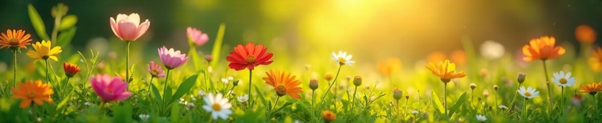 Spring Wildflowers in Lush Meadow, Bathed in Sunlight Vibrant Nature Photography Perfect for Spring Themes, Renewal, and Calming Imagery