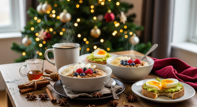 Delicious Christmas morning brunch featuring oatmeal, avocado toast and hot beverages, ideal for festive celebrations.