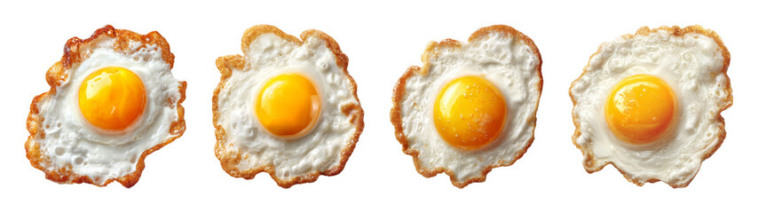 Deliciously fried eggs with vibrant yellow yolks, beautifully presented and isolated as a PNG set with transparent background