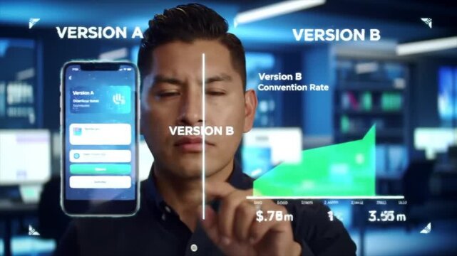 Marketer Analyzing A/B Split Test Results on a Holographic Dashboard