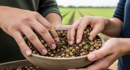 Closeup medium shot of hands mixing biobased fertilizer pellets emphasizing organic materials and ecoconscious farming methods in modern agriculture.