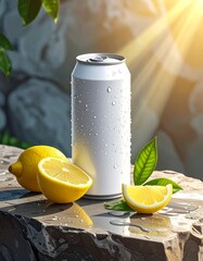 Chilled Can Mockup With Lemon and Tea on Wet Stone