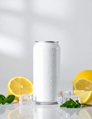 Cold White Beverage Can With Lemon and Ice Cubes