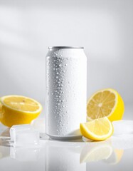 Cold White Beverage Can With Lemon and Ice Cubes