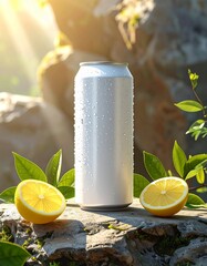 Chilled Can Mockup With Lemon and Tea on Wet Stone