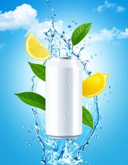 White Can Splashing Water With Lemon and Tea Leaves
