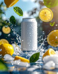 Chilled Can Surrounded by Floating Lemon and Tea Leaves