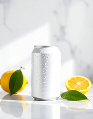 Cold Beverage Can With Lemon and Tea on Marble Surface