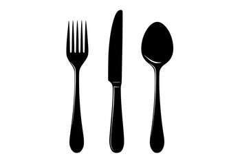 a black and white silhouette of a knife, fork and spoonblack, cutlery, fork, profile, silverware, utensil 